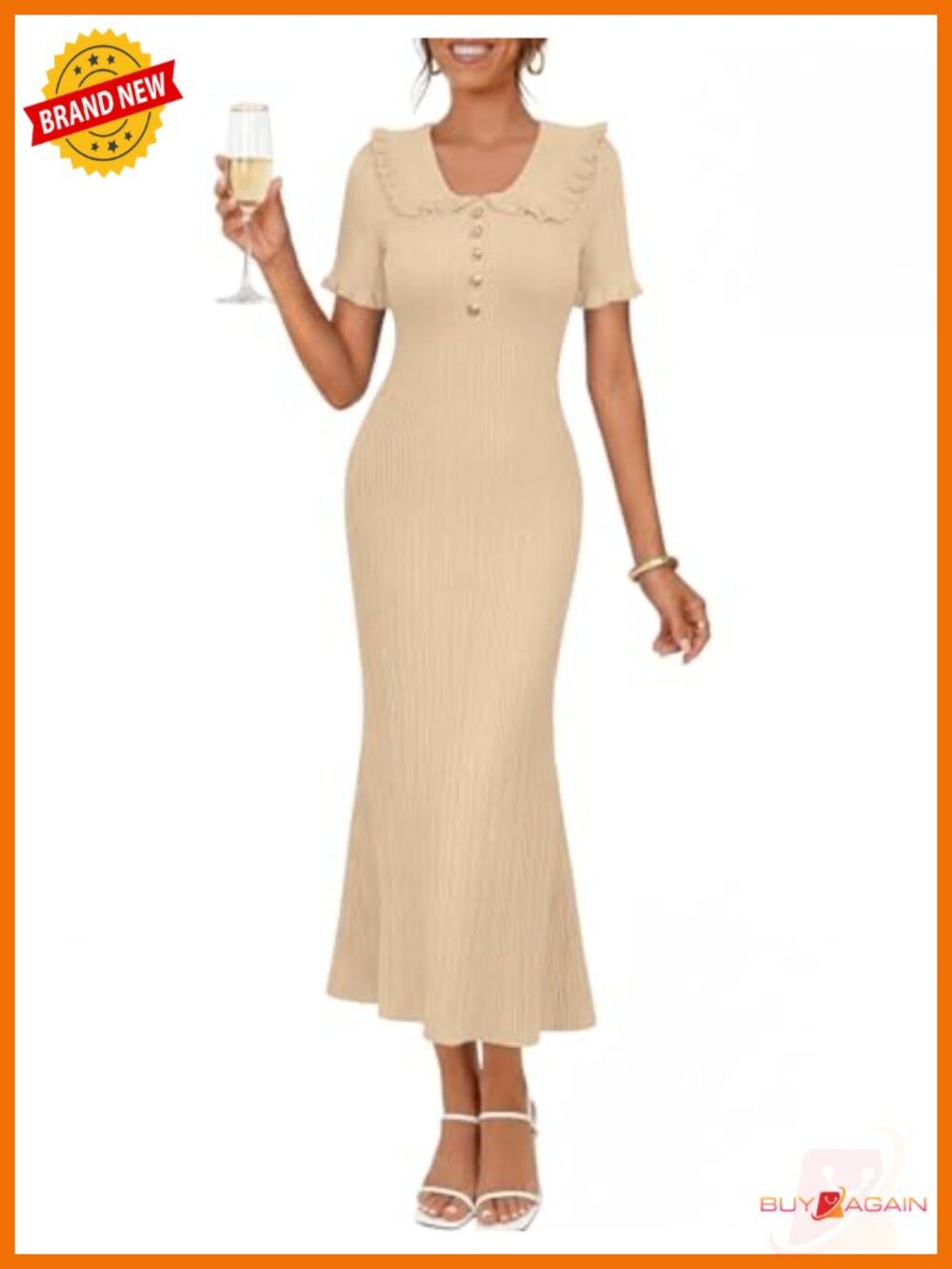 Ruffled V-Neck Midi Sweater Dress Bodycon Knit Elegant